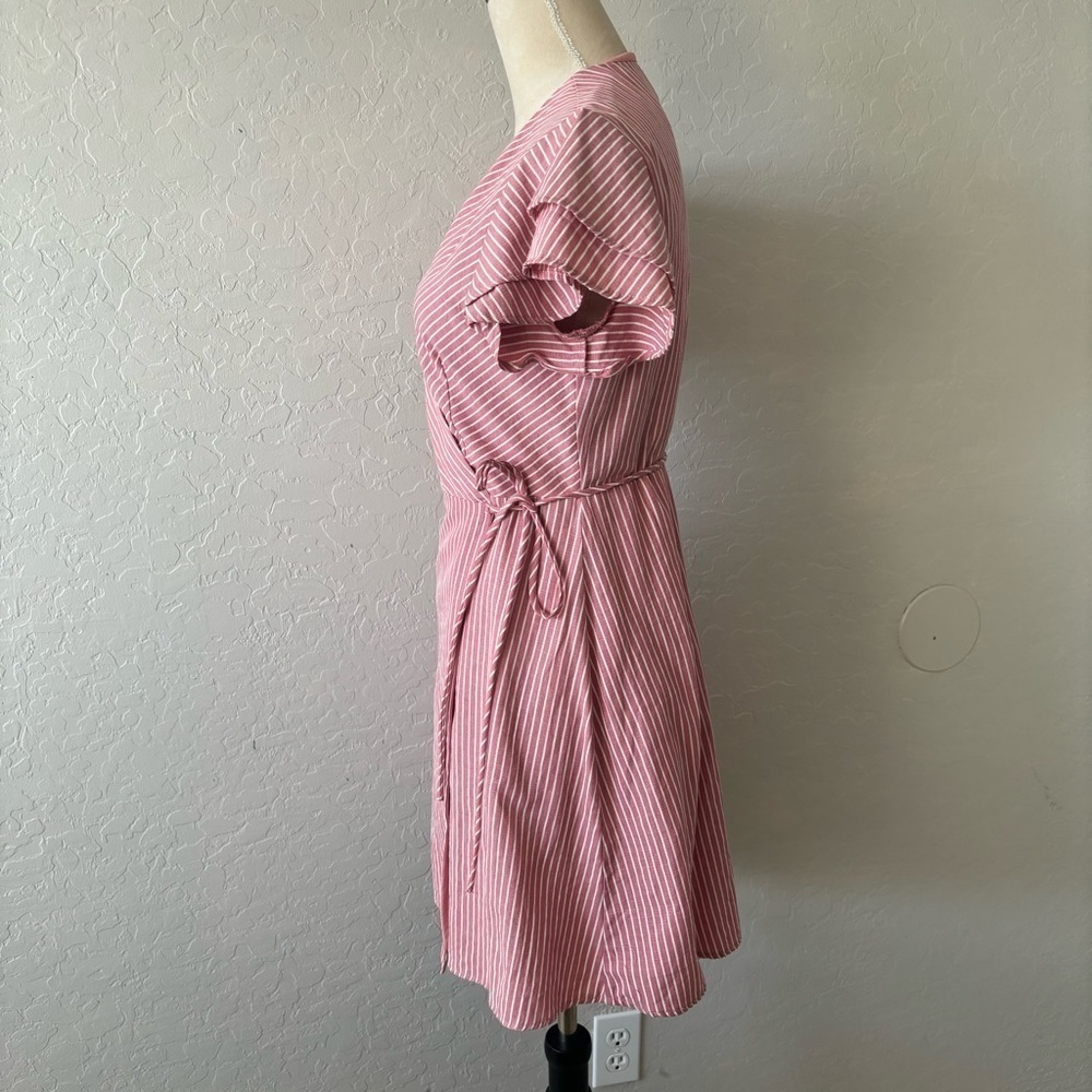Francesca’s Harper Heritage Pink White Striped Ruffle Sleeve Wrap Dress Large - Picture 5 of 12